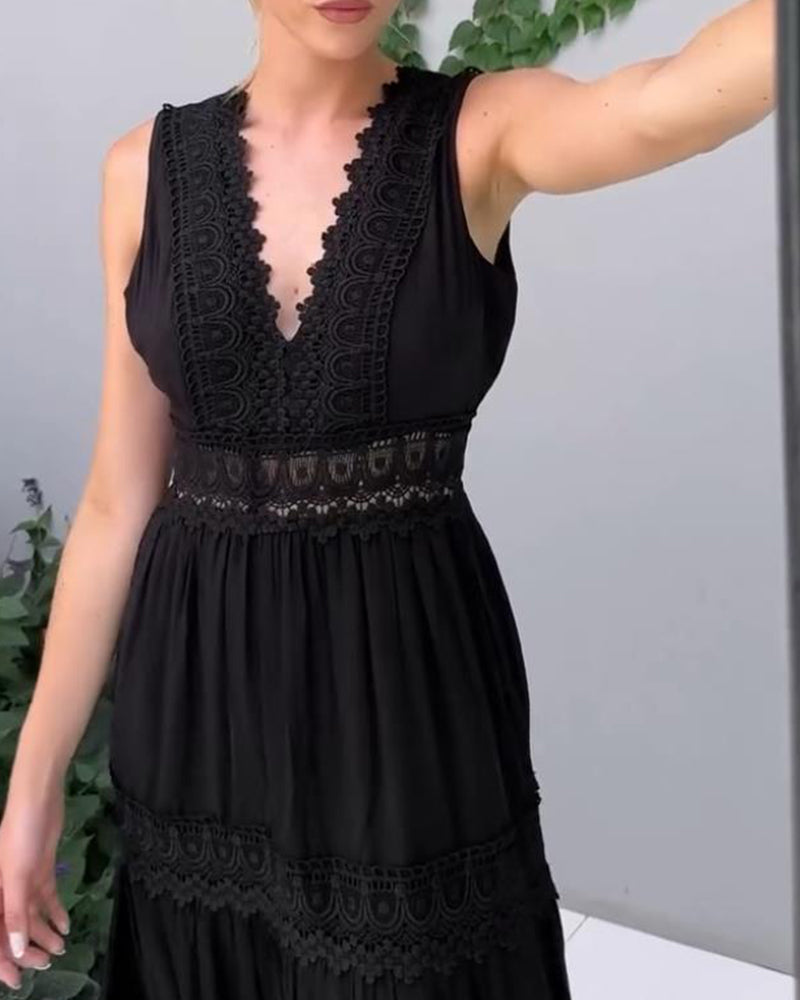 V-Neck Sleeveless Lace Trim Tiered Midi Dress