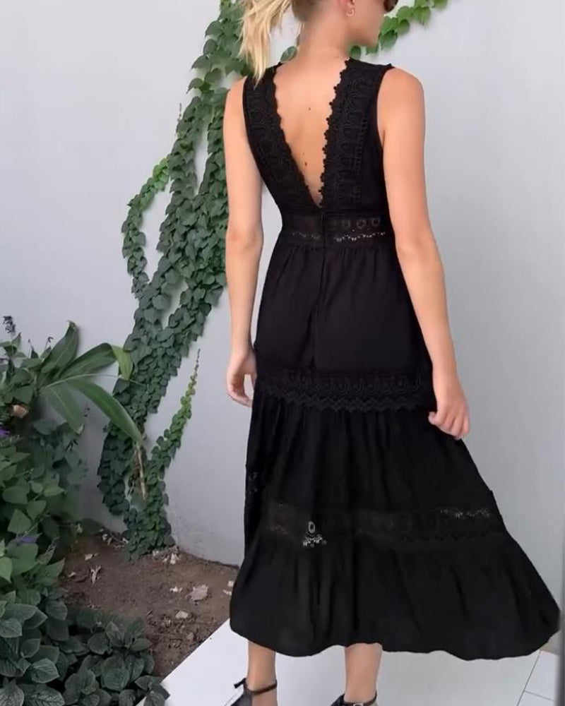 V-Neck Sleeveless Lace Trim Tiered Midi Dress