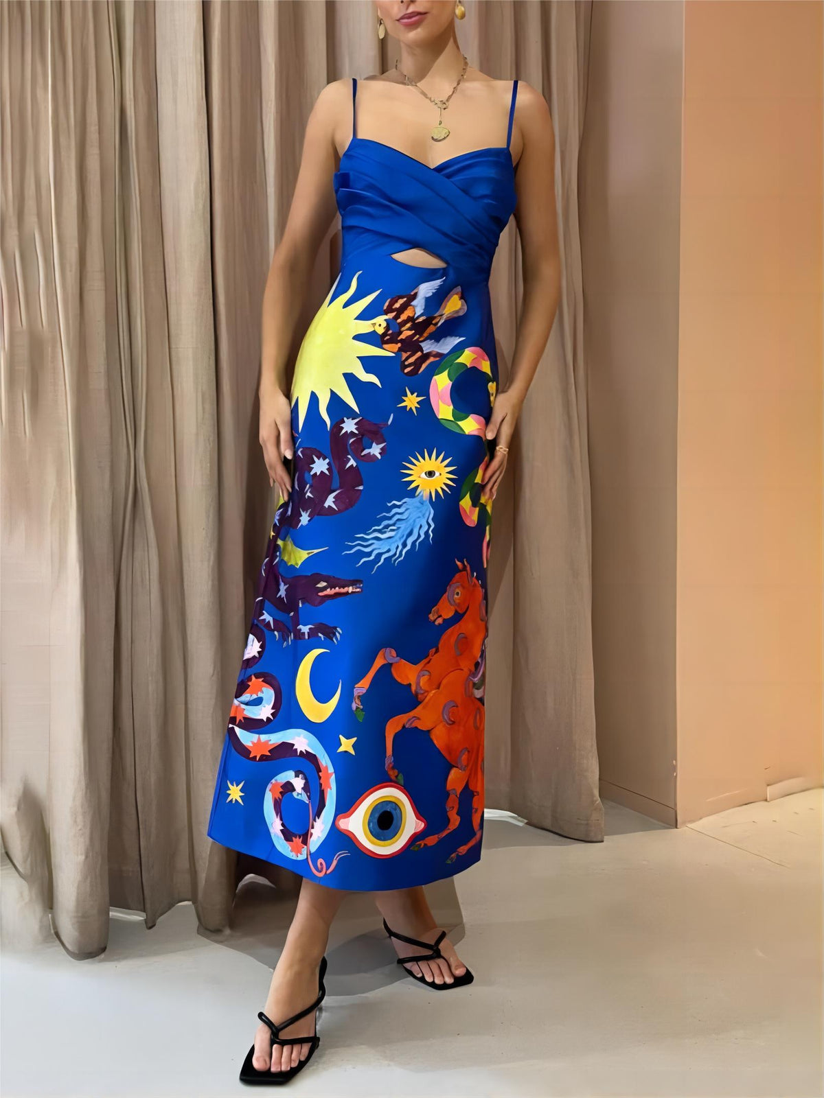 Celestial Print Satin Spaghetti Strap Cross Front Cut Out Midi Dress