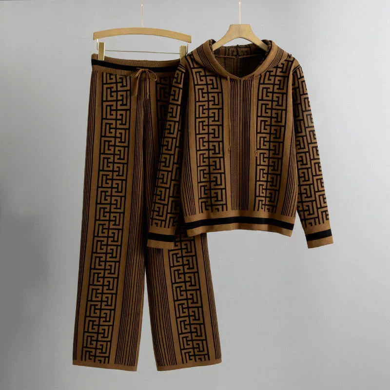 Geometric Print Hooded Sweater and Wide Leg Pants Knit Two Piece Set