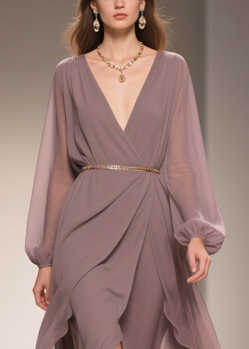 Chiffon Deep V-Neck Wrap Belted Bishop Sleeve High Low Ruffle Maxi Gown
