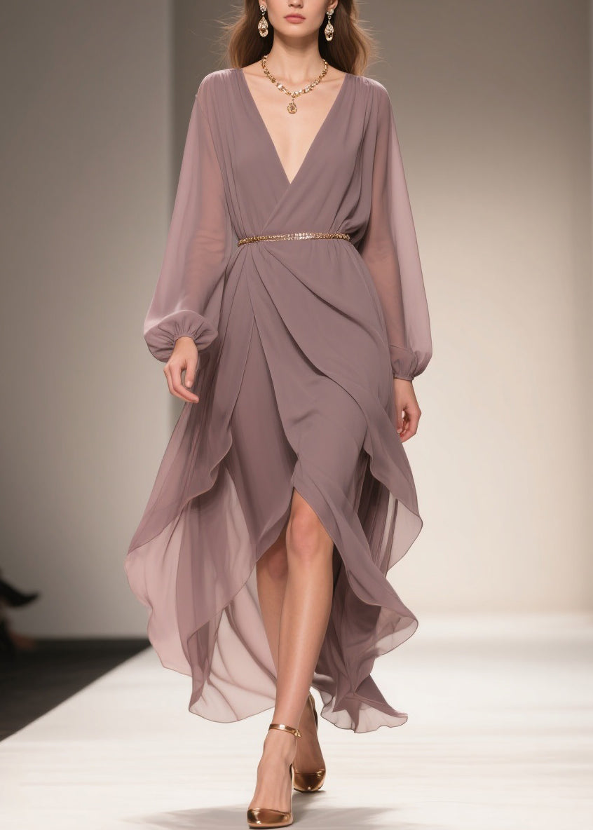 Chiffon Deep V-Neck Wrap Belted Bishop Sleeve High Low Ruffle Maxi Gown