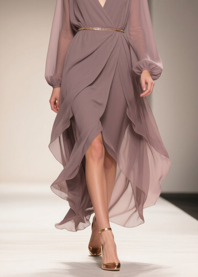 Chiffon Deep V-Neck Wrap Belted Bishop Sleeve High Low Ruffle Maxi Gown