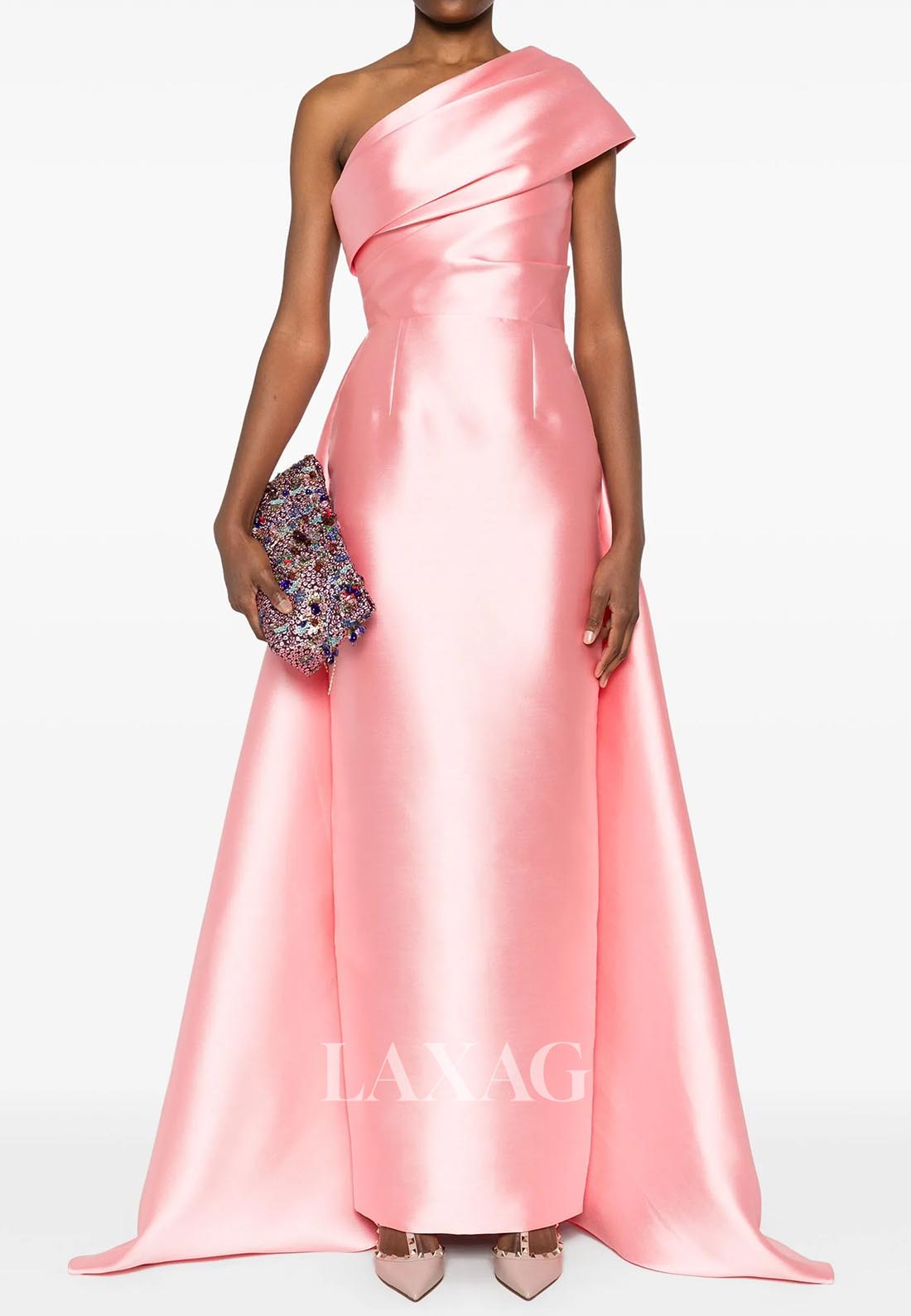 Asymmetrical-Neck Ankle-Length Formal Gowns Pleated Satin Mermaid Evening Dress with Train