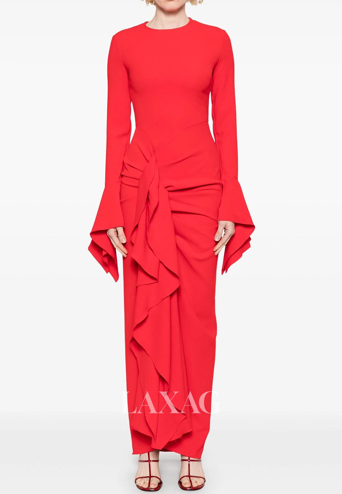 Scoop-Neck Long-Sleeves Ankle-Length Mermaid Evening Dress Pleated Satin Formal Gowns