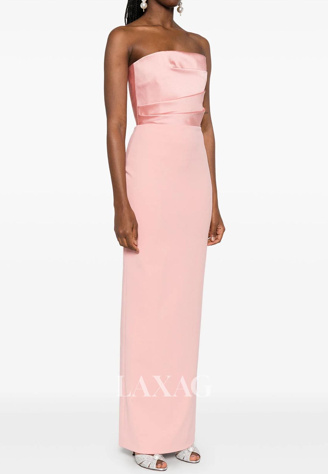 Tube Top Off-Shoulder Sleeveless Fitted Evening Dress Pleated Satin Ankle-Length Formal Gowns