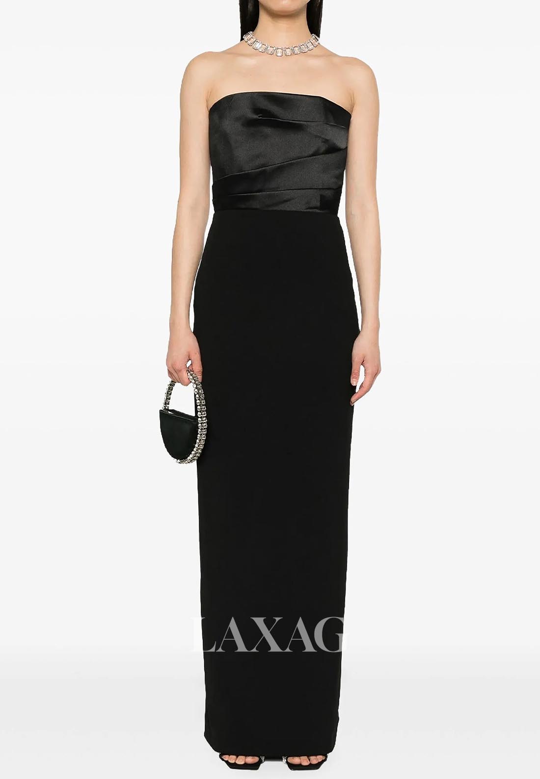 Tube Top Off-Shoulder Sleeveless Fitted Evening Dress Pleated Satin Ankle-Length Formal Gowns