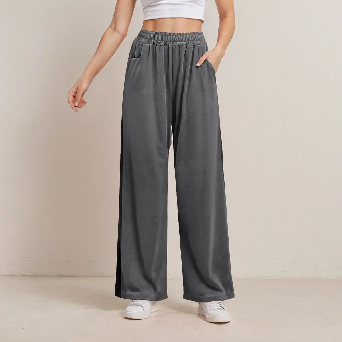 Elastic High Waist Velvet-Look Pocket Wide Leg Pants