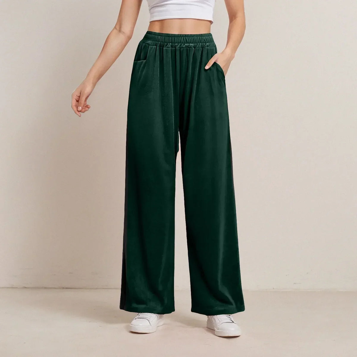 Elastic High Waist Velvet-Look Pocket Wide Leg Pants 5