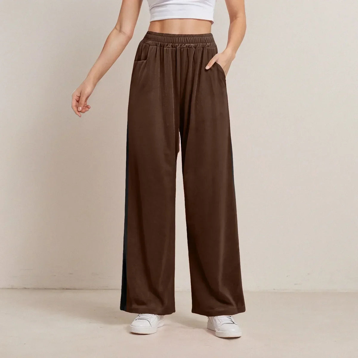 Elastic High Waist Velvet-Look Pocket Wide Leg Pants 4