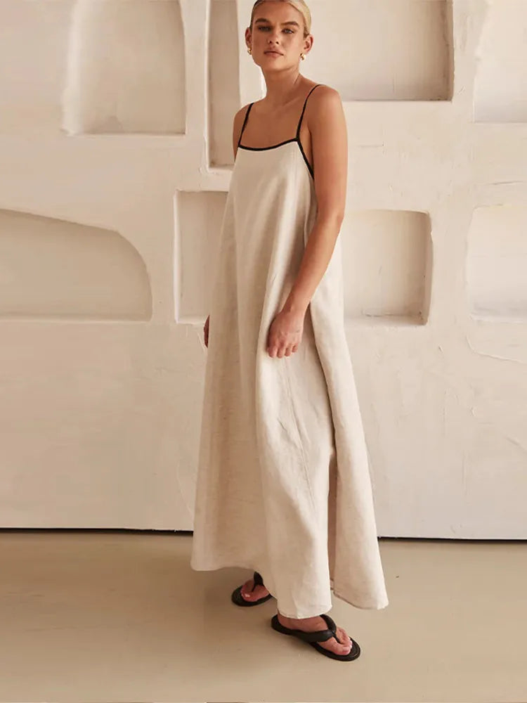Débora Elegant Linen-cotton Dress with Open Back for Women