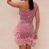 Feather Rhinestone Hollow Out Black Party Dress