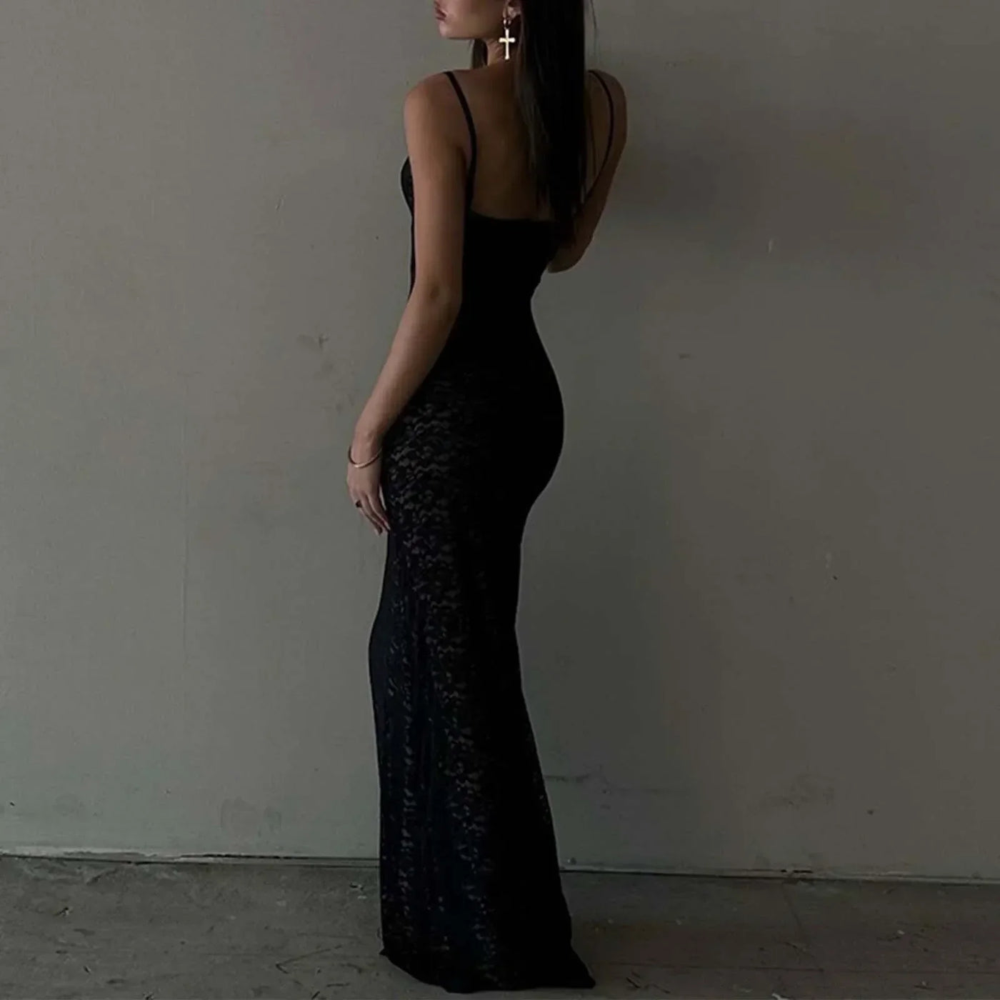 Solid Lace See Through Spaghetti Strap Backless Maxi Party Dress