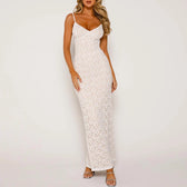 Solid Lace See Through Spaghetti Strap Backless Maxi Party Dress - View 5