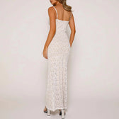 Solid Lace See Through Spaghetti Strap Backless Maxi Party Dress - View 7