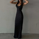 Solid Lace See Through Spaghetti Strap Backless Maxi Party Dress - View 2