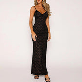 Solid Lace See Through Spaghetti Strap Backless Maxi Party Dress - View 6