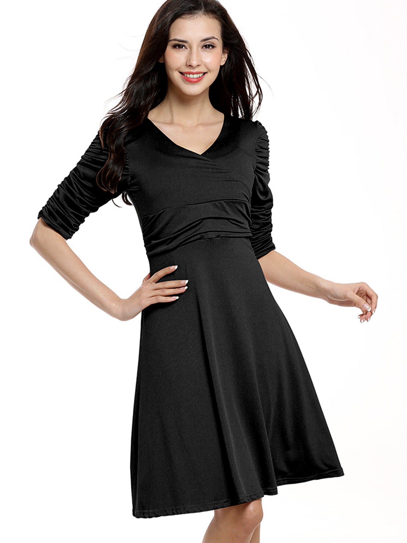 Solid V neck Dress