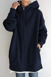Color Hoodie Zipper Solid - Mid-Length Navy Blue / S Sweatshirts & Hoodies-L
