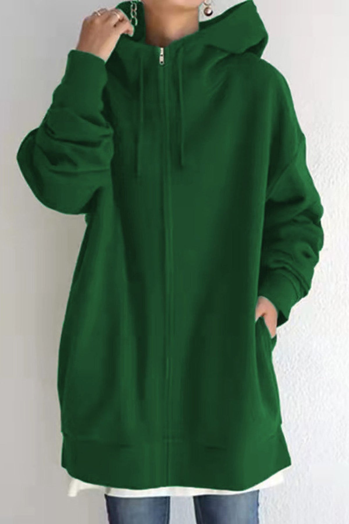 Oversized Zip Front Drawstring Hooded Longline Sweatshirt Jacket 4