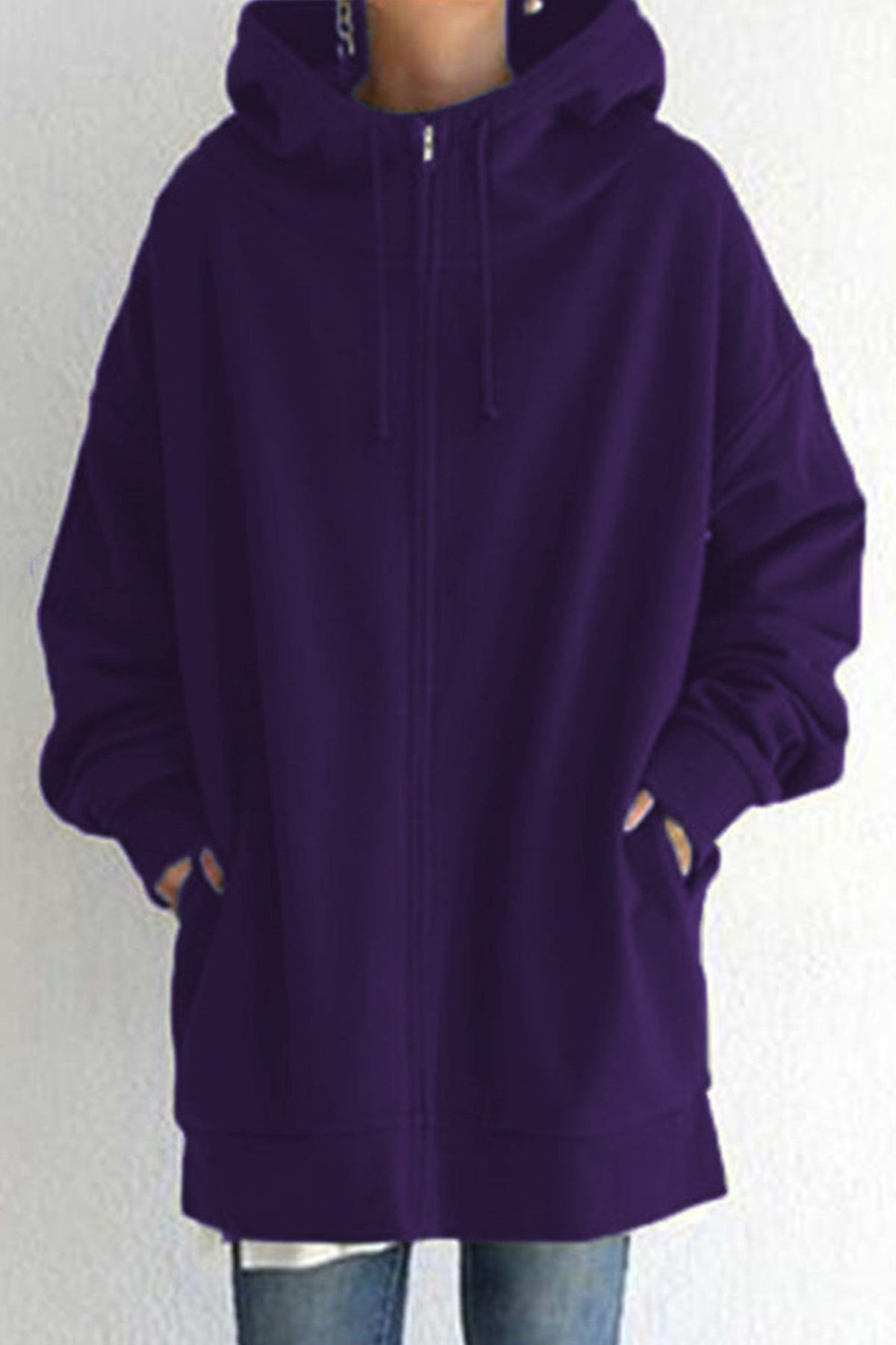 Oversized Zip Front Drawstring Hooded Longline Sweatshirt Jacket 7