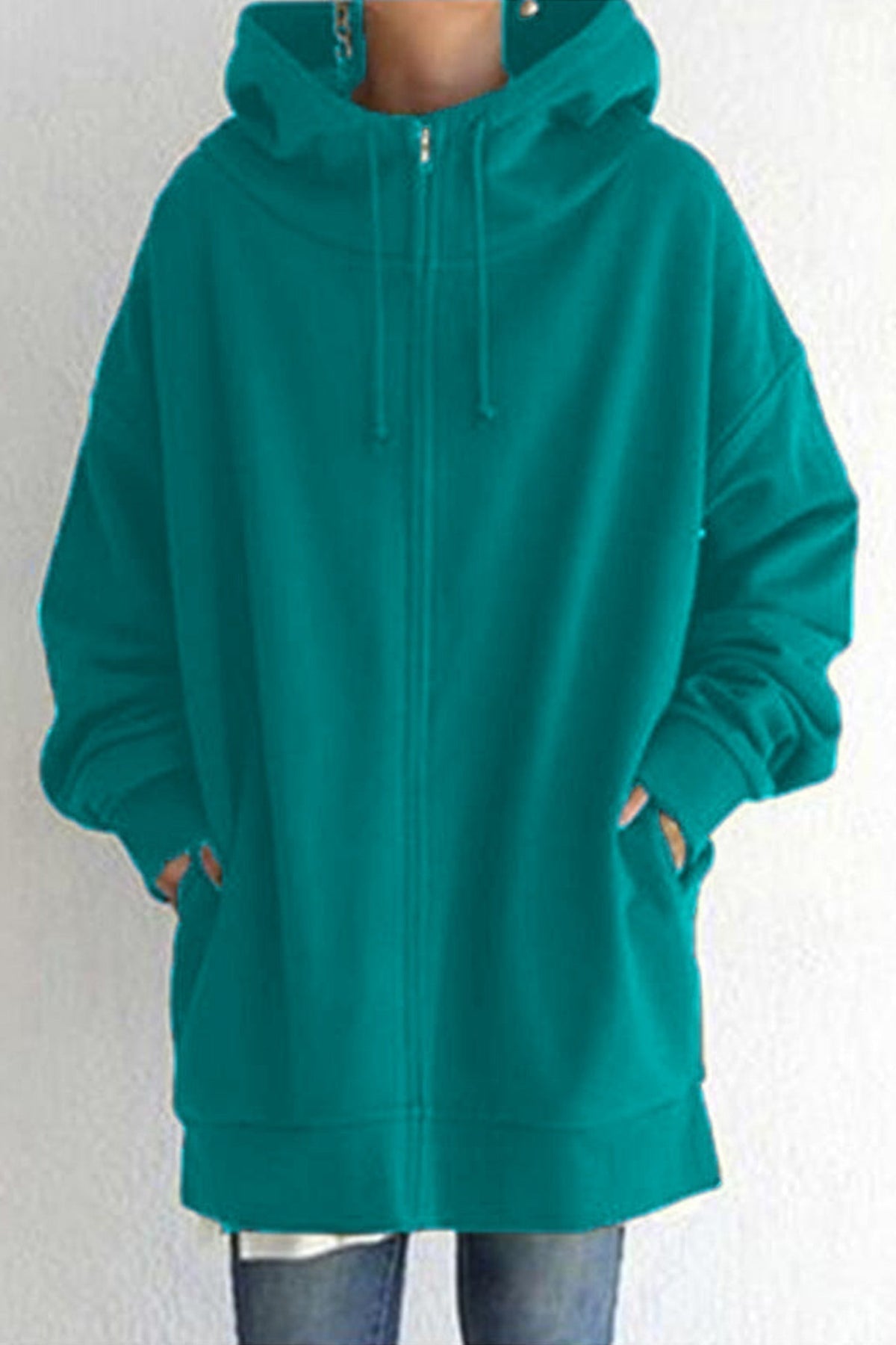 Oversized Zip Front Drawstring Hooded Longline Sweatshirt Jacket 9