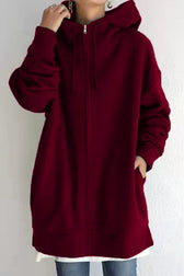 Color Hoodie Zipper Solid - Mid-Length Wine Red / S Sweatshirts & Hoodies-L