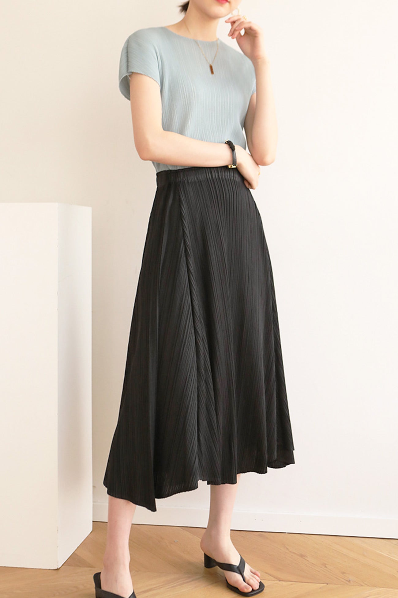 High-Waist Pleated Denim Mini Skort