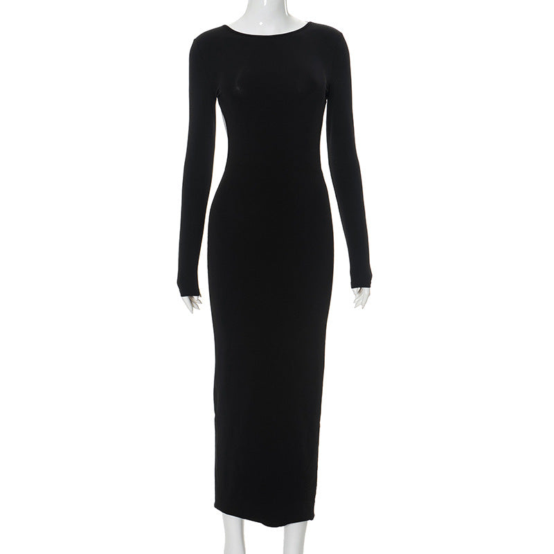 Solid Color Hip Round Neck Backless Long Sleeves Dress