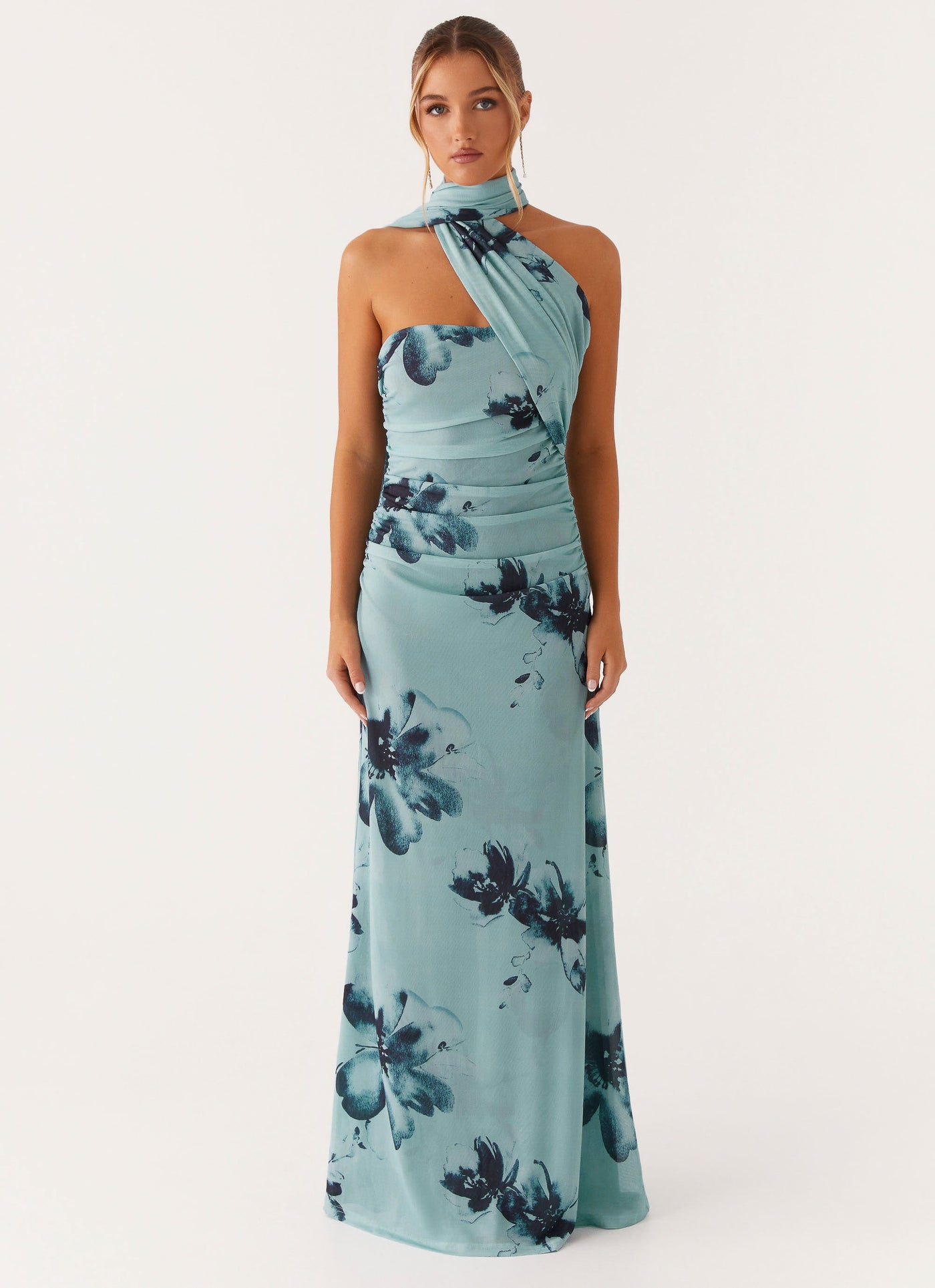 Floral Halter Neck Ruched Mermaid Maxi Dress