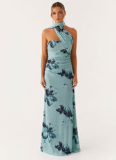 Floral Halter Neck Ruched Mermaid Maxi Dress