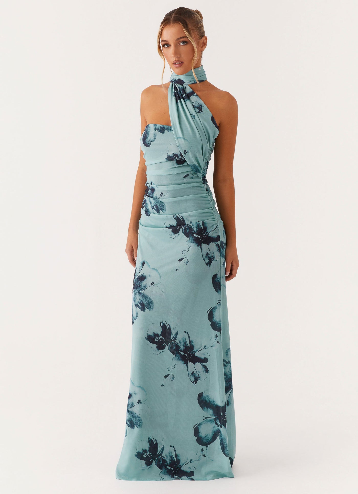 Floral Halter Neck Ruched Mermaid Maxi Dress 2