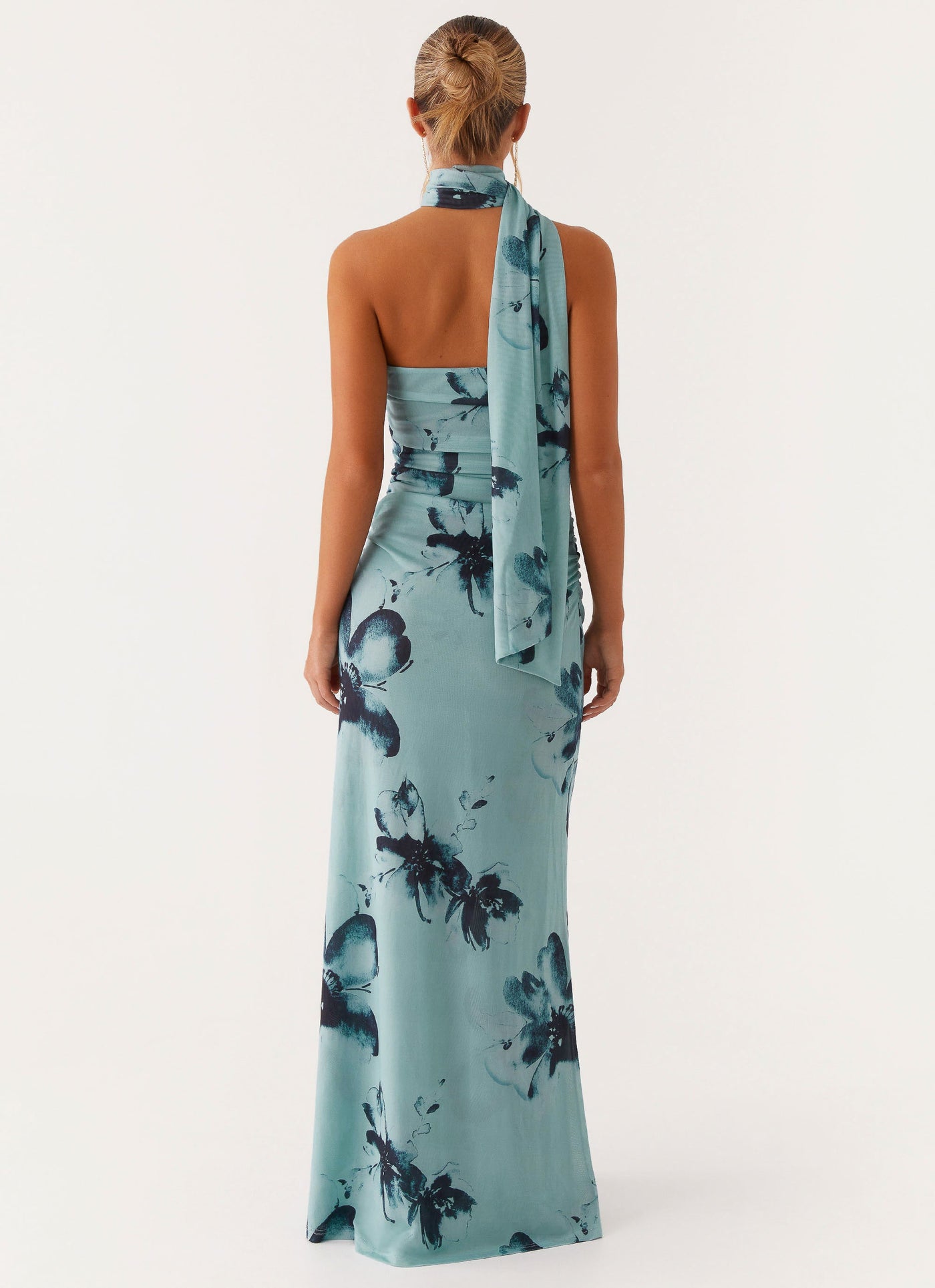 Floral Halter Neck Ruched Mermaid Maxi Dress 3