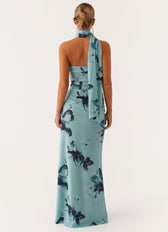 Floral Halter Neck Ruched Mermaid Maxi Dress 3