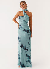 Floral Halter Neck Ruched Mermaid Maxi Dress 4