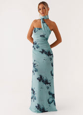 Floral Halter Neck Ruched Mermaid Maxi Dress 6