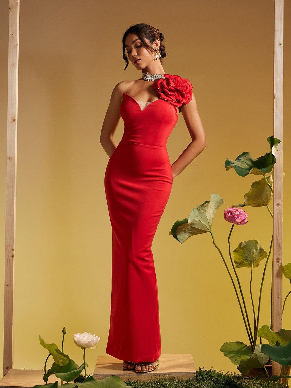 One Shoulder Flower Maxi Dress