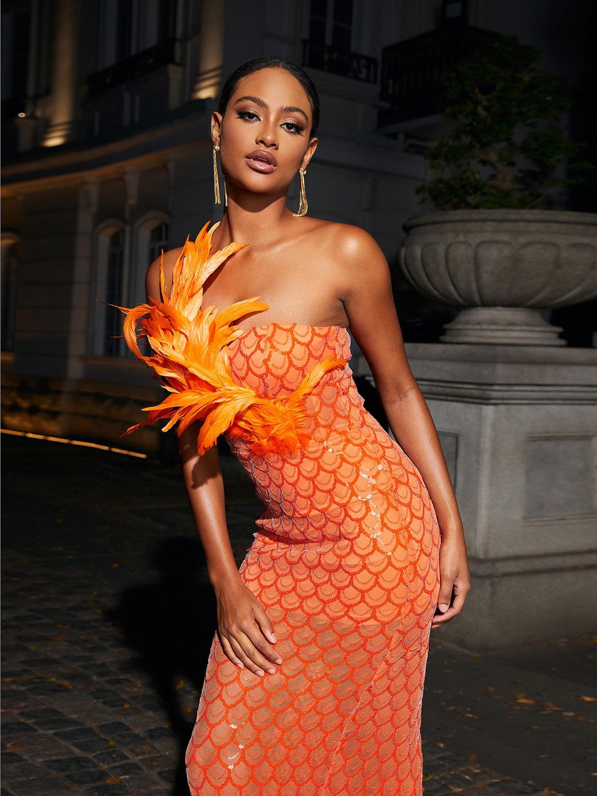 Sookie Strapless Feather Sequin Maxi Dress 3