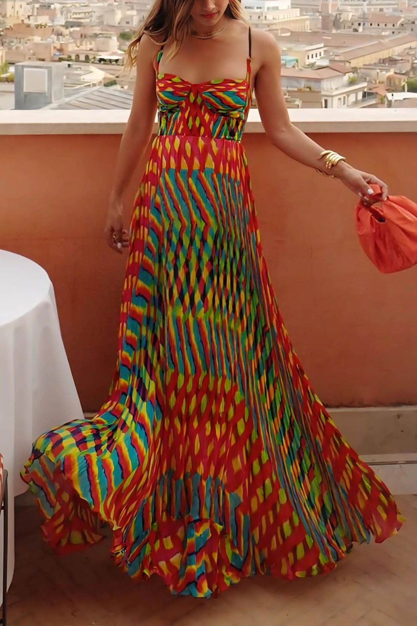 Abstract Print Sweetheart Spaghetti Strap Pleated Maxi Dress