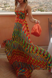 Abstract Print Sweetheart Spaghetti Strap Pleated Maxi Dress 3
