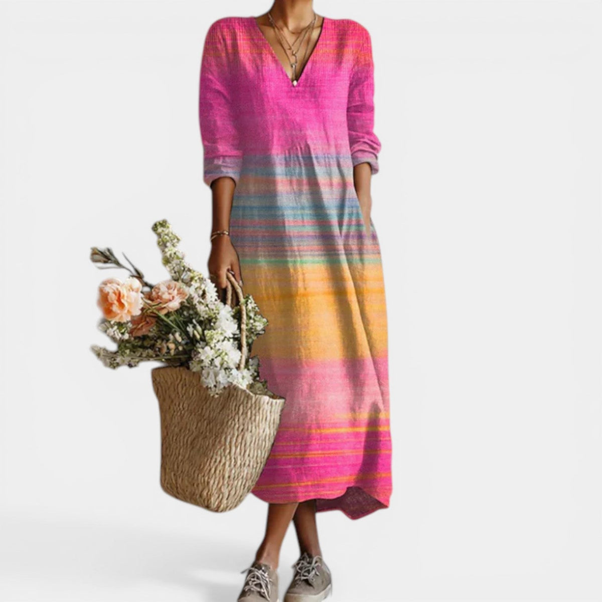 Striped Ombre V-Neck Long Sleeve Maxi Dress