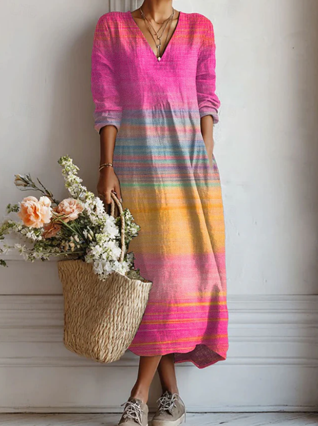 Striped V-Neck Long Sleeve A-Line Maxi Dress Summer