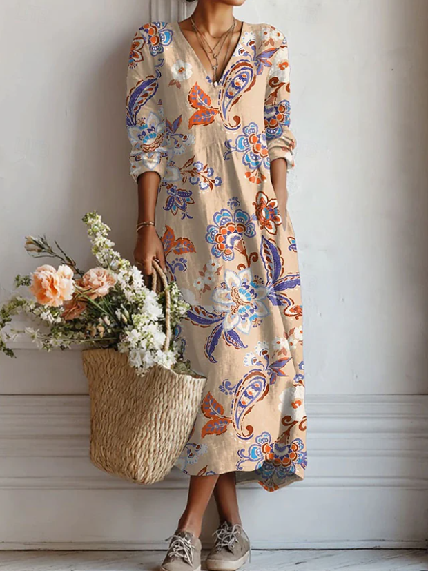 Paisley Floral V-Neck Long Sleeve Maxi Dress