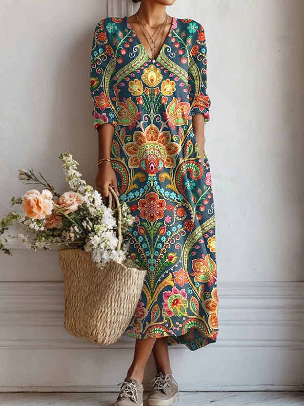 Floral Paisley V-Neck Long Sleeve Maxi Dress