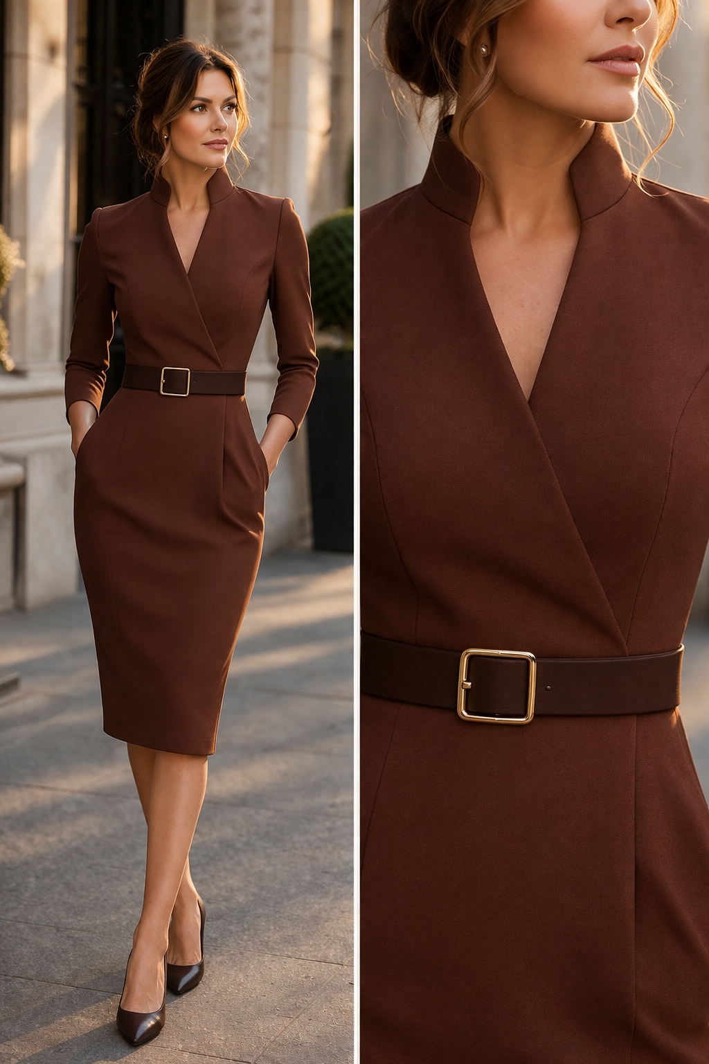 Stand Collar Wrap Front Belted Long Sleeve Midi Pencil Dress