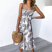 Spaghetti Strap Smocked Leaf Print Ruffle Midi Dress 2