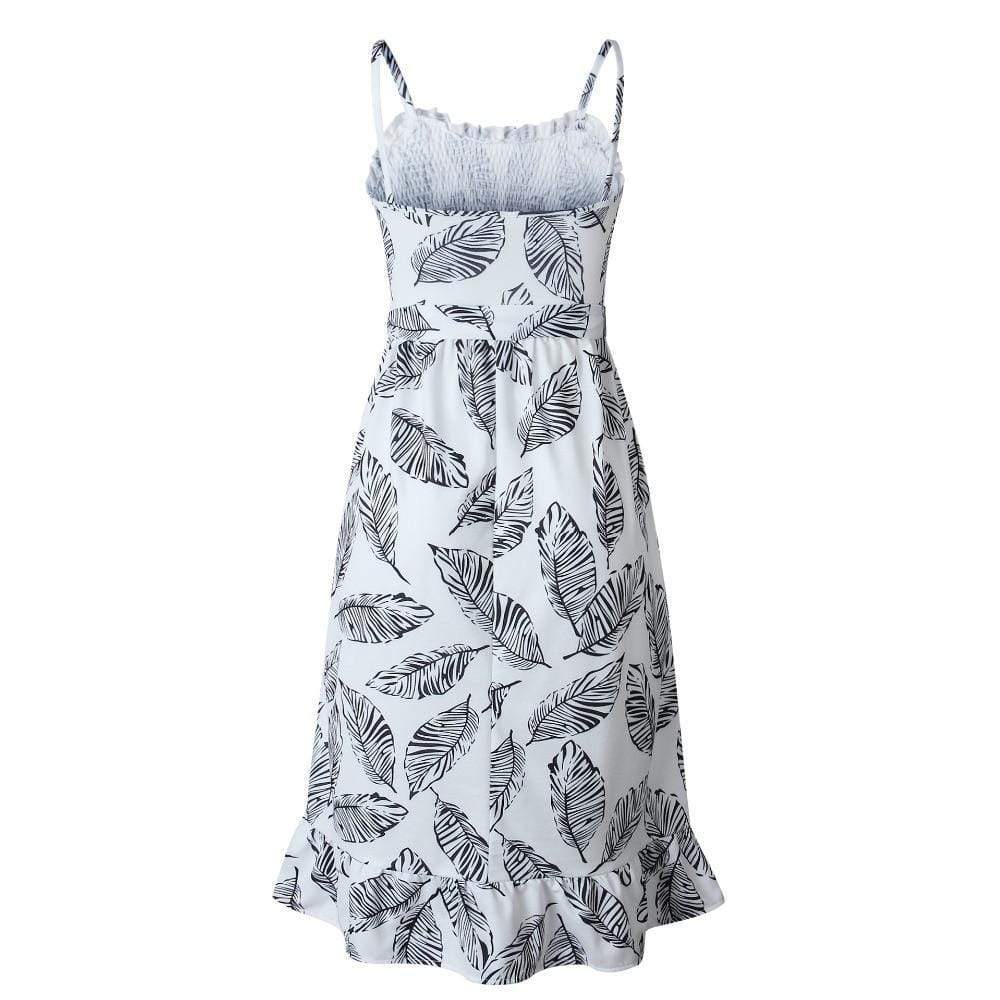 Spaghetti Strap Smocked Leaf Print Ruffle Midi Dress 4