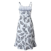Spaghetti Strap Smocked Leaf Print Ruffle Midi Dress 4