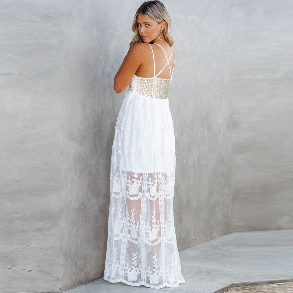 Lace V-Neck Backless Tiered Maxi Dress 2