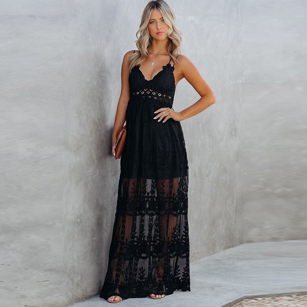 Lace V-Neck Backless Tiered Maxi Dress 3